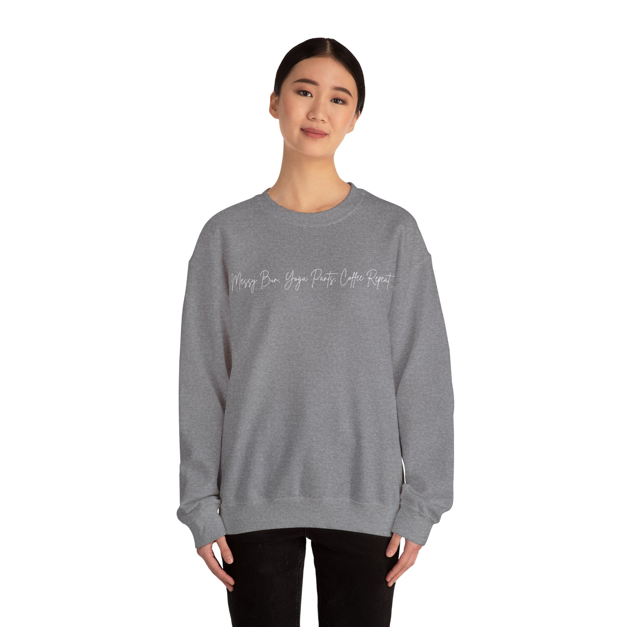 Messy Bun, Yoga Pants, Coffee Repeat Jumper